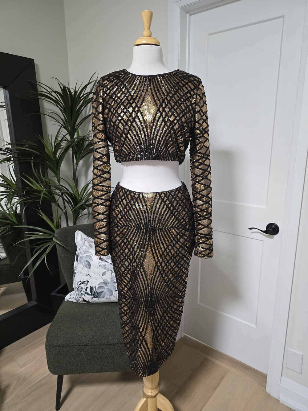 Marciano Black & Gold Sequin Two-Piece Maxi Dress